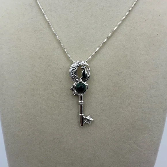 Silver 925 Cat and Moon Key Shape Pendant Necklace on Stainless Steel Chain - Picture 3 of 16